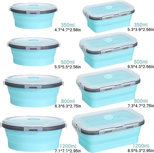 Yaomiao 16 Pack Collapsible Food Storage Containers with Lid Foldable 8 Pcs Rectangle Storage Bowl and 8 Pcs Round Silicone Food Bow for Lunch Rv Accessories Microwave Freezer Safe(Gray, Blue)