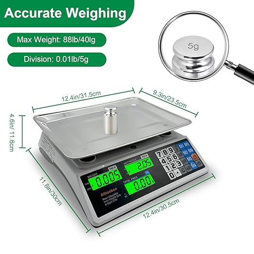 Price Computing Scale 88lb/40kg Commercial Food Scale with Price Calculator, Accurate Counting Platter, Dual LCD Display, Produce Scales for Farmer Market Retail Deli Meat Shopsr Produce Weighing