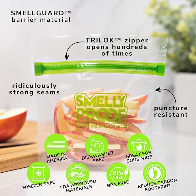 10 x Expandable Stand-Up & Fill REUSABLE Storage Bags for Food Designed & Mfg in US by Smelly Proof, NO PEVA, BPA FREE, Reusable Snack Bags, Dishwasher-Safe, Clear 3 mils STAND & FILL 6" x 4" - 10pk