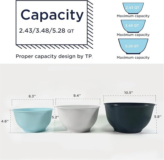 TP Mixing Bowls with Lids, 6-Piece Nesting Melamine Bowls Set for Prepping Serving Baking Cooking, Non Slip Bottom, Set of 3, Blue and White
