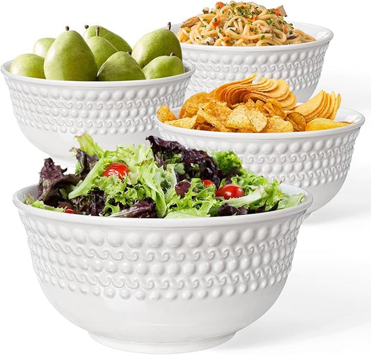 Large Salad Bowls Set of 4, 60oz White Serving Bowls Deep Deep Embossed Ceramic Mixing Bowl for Soup Kitchen, Eating, Ramen, Pasta, Dishwasher & Microwave Safe 8 inch (Auspicious Clouds)