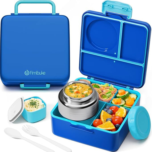 Fimibuke Bento Box for Kids with Thermos, 60OZ Bento Lunch Box Container with Leakproof 8OZ Insulated Food Jar, 3-4 Compartments, Sauce Jar, Utensils for Teens Toddler Adult, BPA-Free, Dishwasher Safe