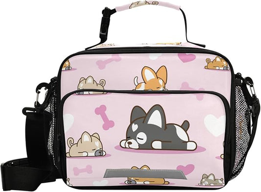 Pfrewn Lunch Box for Kids School Students Cartoon Dog Pastel Pink Insulated Lunch Bag with Shoulder Strap for Office Adults Reusable Cooler Bags Lunch Tote for Girls Boys Teens
