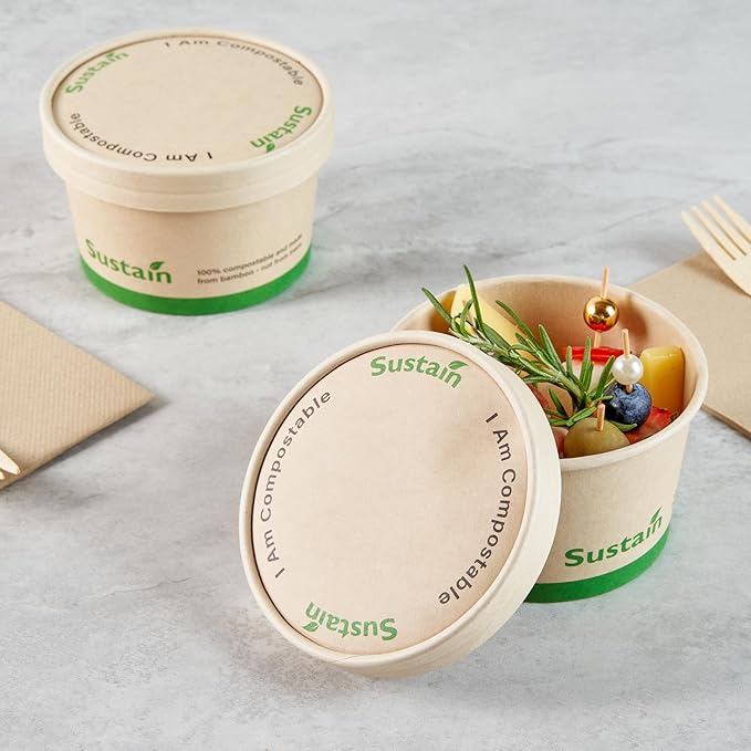 Restaurantware-LIDS ONLY: Sustain Round Paper Soup Container Lids, 50 Disposable Ice Cream Cup Lids - Cups Sold Separately, For 12 Ounce Cups, Bamboo To Go Cup Lids, With PLA lining, Compostable
