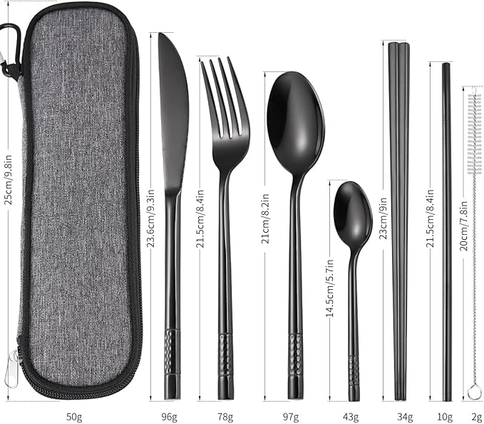AARAINBOW 7 Pieces Stainless Steel Flatware Set 2 Pack Portable Reusable Cutlery Set Travel Utensils Set with Chopsticks Knife Fork Spoon Set with Straws Cleaning Brush (Black+Golden)