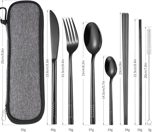 AARAINBOW 7 Pieces Stainless Steel Flatware Set 2 Pack Portable Reusable Cutlery Set Travel Utensils Set with Chopsticks Knife Fork Spoon Set with Straws Cleaning Brush (Black+Golden)