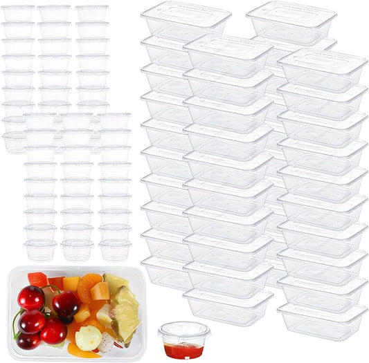 Lallisa 100 Set 25 oz Plastic Containers with Airtight Lids Disposable Food Storage Containers 2 oz Clear Serving Portion Cups with Lid Leakproof Meal Prep Containers for Salad Soup Fruit