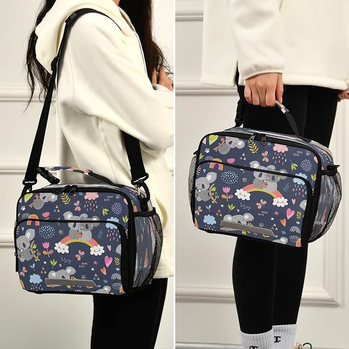 Rainbow Koala Floral Lunch Box for Kids Adults Animals Pattern Insulated Lunch Bag with Shoulder Strap Reusable Cooler Bags Lunch Tote for Office School Girls Boys Teens