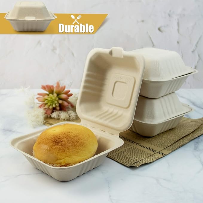 Green Earth, 6-inch, 125-Count, Ribbed Hamburger Compostable Clamshell, BAM Ware (Bamboo Fiber), Take-Out/to-Go Food Boxes - Biodegradable Containers, Hinged Lid Microwave-Safe Gluten-Free