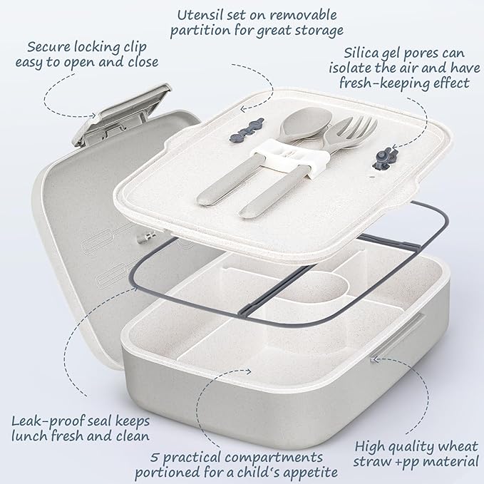 Bento Box Adult Lunch Box, Kid Lunch Box Contaiers for 5 Compartmets, Lunch Containers with 3 Silicone Baking Cups, Leakproof, Dishwasher and Microwave Safe, BPA-Free (Grey)
