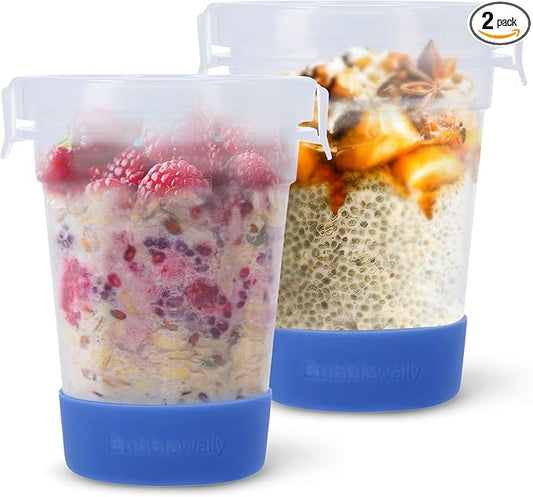 JoyPlus Overnight Oats Containers with Lids (2-Piece Set Lock Lid) - 16 Oz Overnight Oats Jars with Lids, Plastic Food Storage Containers with Lids Airtight for Oatmeal, Cereal, Yogurt, Chia Pudding