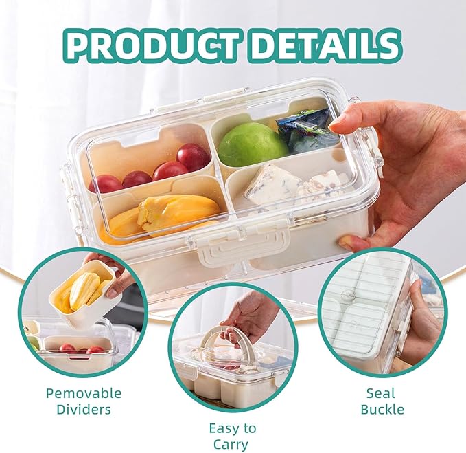 Divided Serving Tray with Lid-Snackle Box Charcuterie Container for Portable Snack Platters-Clear Organizer for Candy, lunch bento box,Perfect for Party,Travel(4 Compartments)