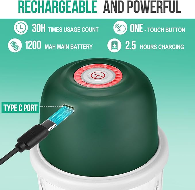 Electronic mini Food Slicer, Garlic Chopper, Small Vegetable Processor, Wireless Rechargeable Dicer, Veggie Rolling Blender, Spice Masher, Onion Cut Mincer, 350ml Glass Bowl, 6 Blades, Dark Green.