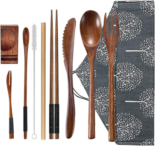 Wooden Utensil Flatware Set Reusable Utensils Travel Cutlery Set for Eating with Case, 10 Pcs Wooden Spoon and Fork Set Bamboo Flatware Set
