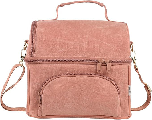 Lunch Box with 2 XL icepacks,Sturdy Waxed Canvas Insulated Lunch Bag for Women, Dual Compartment Soft Cooler Bag For Work, Picnic, Travel, Outdoors (10.5L) 10"x7"x9.5" (Mellow Rose)