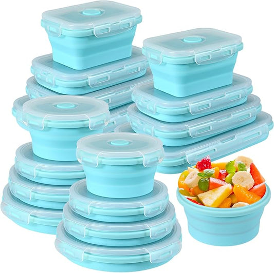 Yaomiao 16 Pack Collapsible Food Storage Containers with Lid Foldable 8 Pcs Rectangle Storage Bowl and 8 Pcs Round Silicone Food Bow for Lunch Rv Accessories Microwave Freezer Safe(Blue)