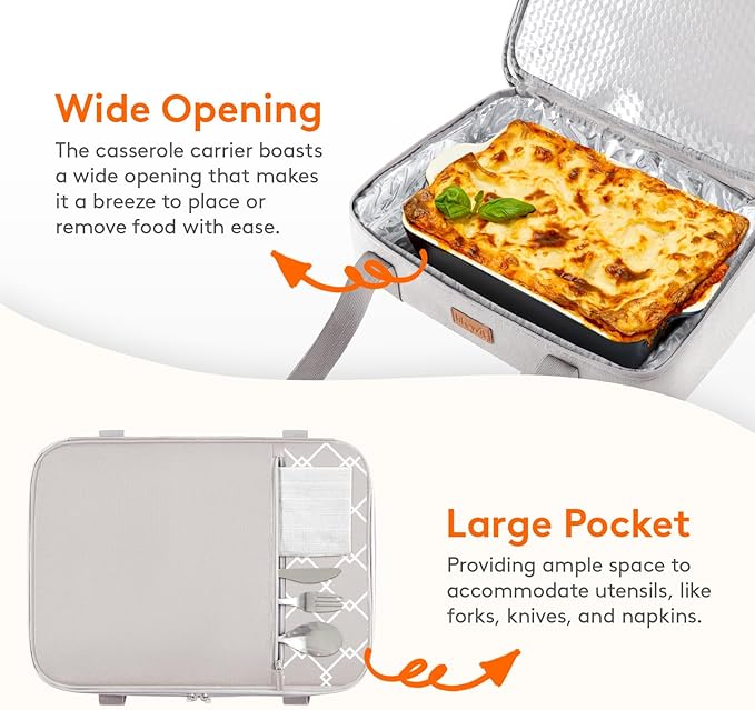 Lifewit Expandable Insulated Casserole Carrier for Hot or Cold Food, Double Decker Food Bag Lasagna Holder Carry Tote for Potluck Parties/Picnic/Cookouts, Fits 9"x13" Baking Dish, Grey-Geometric