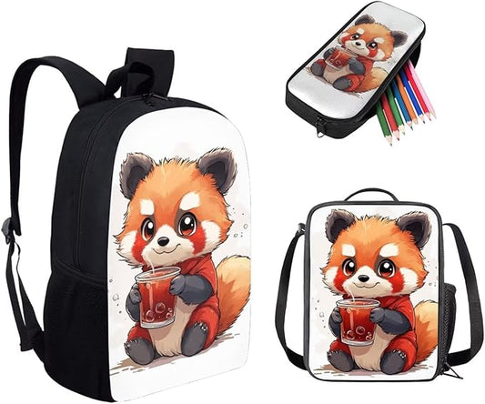 Dolyues Cute Raccoon Girls 3-Piece Backpack Set: 17 Inch School Bag, Double-Shoulder Lunch Pack & Pencil Pouch - Lightweight & Waterproof for Ages 6-12