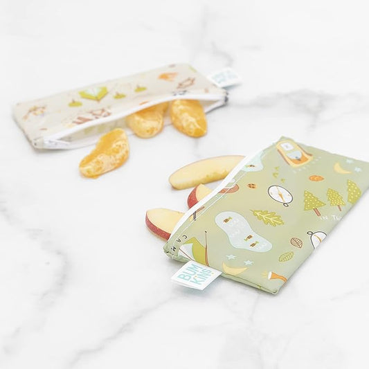 Bumkins Reusable Snack Bags, for Kids School Lunch and for Adults Portion, Washable Fabric, Waterproof Cloth Zip Bag, Supplies Travel Pouch, Food-Safe, 2-pk Camp Friends and Gear