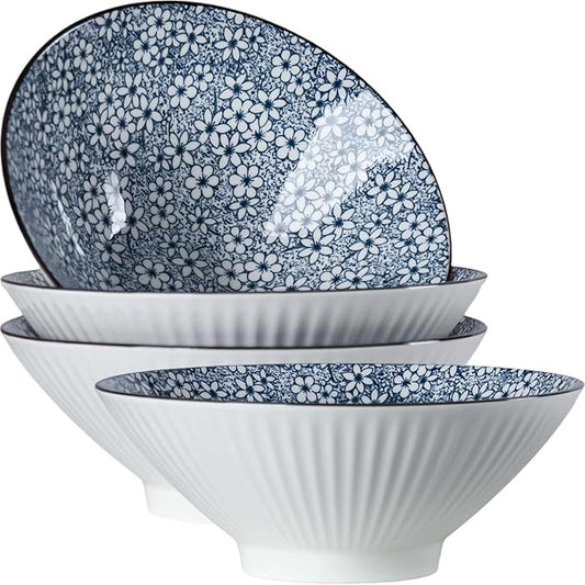 38 oz Japanese Ramen Bowls Set of 4, Large Pho Bowls, 8 Inch Ceramic Blue and White Soup Bowls, Floral Pattern