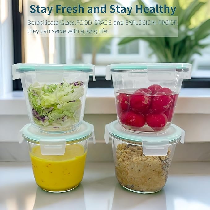 Qxbekmor 4 Packs Glass Soup Storage Containers with Airtight Lids, Leak-proof 3 Cup Freezer Food Storage Jars, Great for Lunch, Meal Prep, Leftover, Overnight Oats, Microwave and Dishwasher Safe