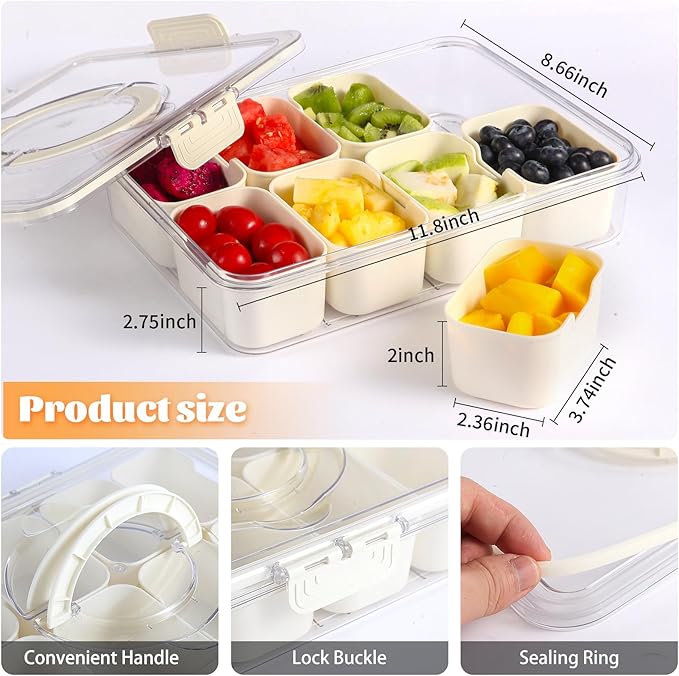 Divided Snackle Box Container - 8 Compartments serving tray with Lid and Handle - Reusable Refrigerator Snack Fruit Veggie Tray - Airtight Kitchen Food Storage Organizer Travel Nuts Candies