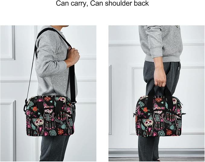 Death and Halloween Cats Insulated Lunch Bag Reusable Lunch Tote Bag Cooler Bag for Women Men Adult Lunch Box with Adjustable Shoulder Strap Leakproof Lunch Bag for Work School Picnic Camping