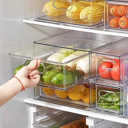 LALASTAR Fridge Drawers, 3-Pack Clear Stackable Pull Out Refrigerator Organizer Bins, Food Storage Containers for Kitchen, Freezer, Vanity & Fridge Organization and Storage (2 Small+1 Medium)