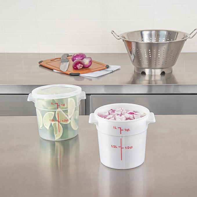 Restaurantware-Met Lux 1 Quart Food Storage Containers, 10 White Storage Containers - Lids Sold Separately, Red Volume Markers, Dishwashable Containers, Side Handles, For Storing Foods