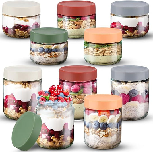 Glass Meal Prep Containers 10 Pcs Overnight Oats Containers with Lids 16 oz and 10 oz Large & Small Glass Jars Breakfast Oatmeal Container Salad Meal Prep Jars for Food Storage(Retro Color)