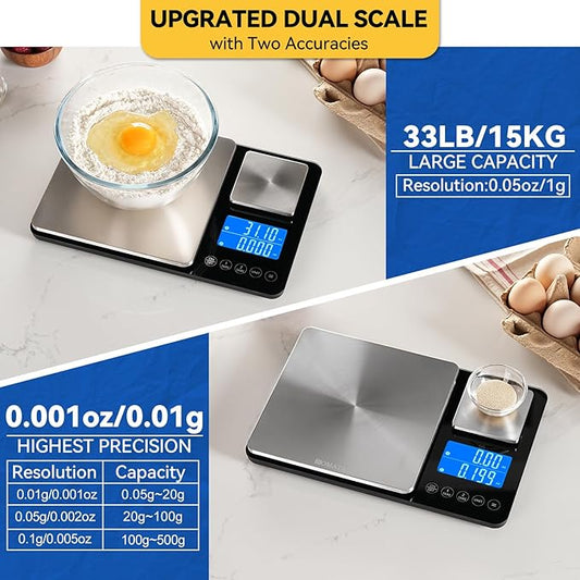BOMATA Upgrated 0.01g/500g & 1g/15kg Dual Platform Kitchen Scale with Two Precisions, Accumulation Function, Gram and Ounce, Digital Scale for Food, Baking, Yeast, Jewelry B615