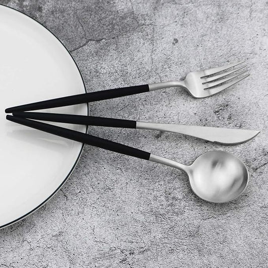 20-Piece 18/10 Stainless Steel Flatware Silverware, Luxury Dinnerware Set Travel Cutlery Tableware Include Knife Fork Spoon Service for 4, Dishwasher Safe (Black Handle Matte Silver)