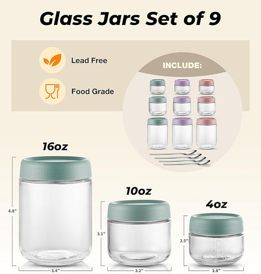 9 Pack Overnight Oats Containers with Lids, Large & Small Glass Mason Jars 16oz & 10oz & 4oz, Glass jars with Airtight Lids, Salad Meal Prep Jars for Food Storage, Overnight Oats Jars for Milk, Fruit