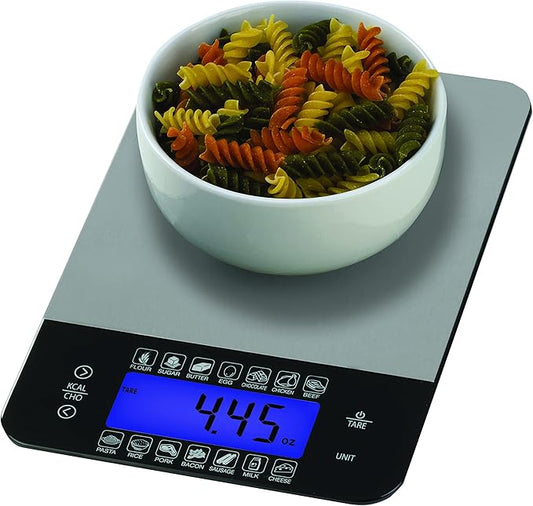 SmartHeart Digital Kitchen Food Scale with Calorie & Carb Calculator | Stainless Steel | Tare Function | Unit Conversions: oz/lbs/g/ml | 14 Pre-Set Foods | Large Backlit LCD Display