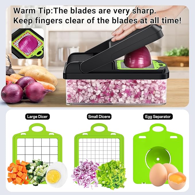 12-in-1 Vegetable Chopper, Kitchen Gadgets with 7 Blades, Veggie, Food, Onion Chopper, Cucumber Slicer, Versatile Mandoline, Includes Egg Separator & Finger Guard, Green