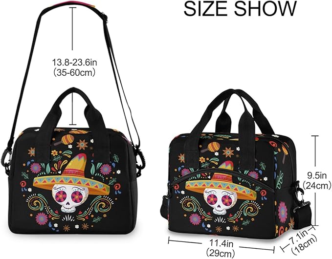 Cinco De Mayo Skull Insulated Lunch Bag Reusable Lunch Tote Bag Cooler Bag for Women Men Adult Lunch Box with Adjustable Shoulder Strap Leakproof Lunch Bag for Work School Picnic Camping
