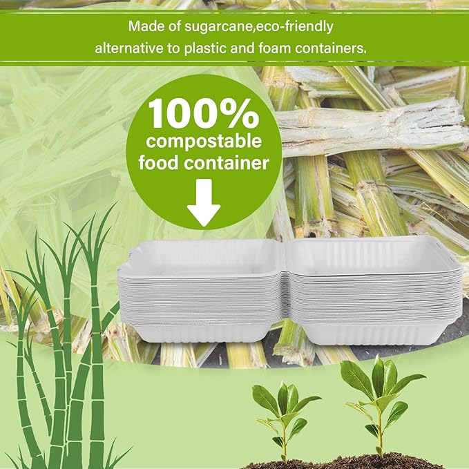 greensight Clamshell Take Out Food Container 100 Pack, 9 x 9 Compostable To Go Containers, Disposable To Go Food Boxes, Biodegradable Made From White Sugarcane Fibers