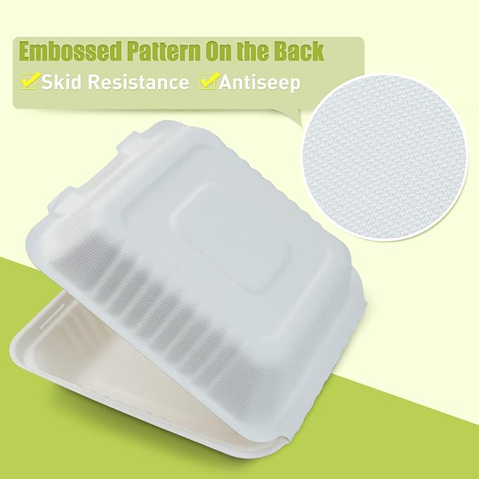 Green Earth 8-Inch, 200-Count, 1-Compartment, Compostable Clamshell, Natural Bagasse (Sugarcane Fiber), Take-Out/to-Go Boxes - Microwave-Safe