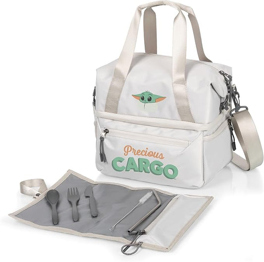 PICNIC TIME Star Wars Mandalorian Grogu Tarana Insulated Lunch Bag Made from Recycled Material, Lunch Box with Picnic Set, Upcycled Lunch Cooler Bag, (Halo Gray)