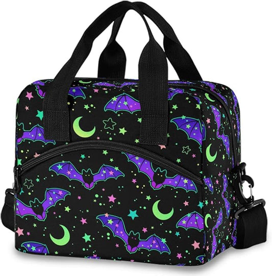 MNSRUU Insulated Lunch Bag with Adjustable Shoulder Strap - Magic Galaxy Bat Lunch Box Tote for Work, School