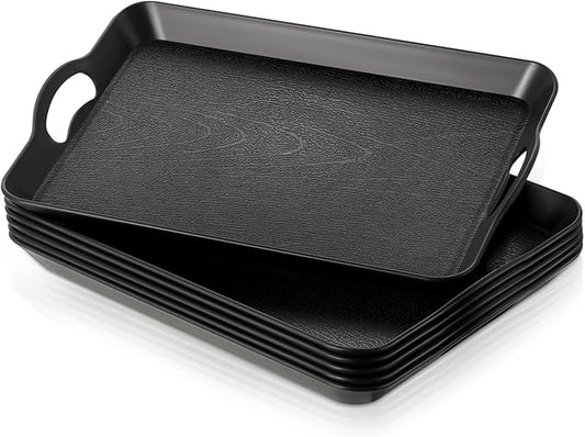 6 Pcs Serving Trays with Handles Trays for Eating 16 x 11 Inch Multi Purpose Plastic Tray Rectangular Anti Skid Decorative Food Tray for Restaurant Breakfast Countertop Party Kitchen (Black)