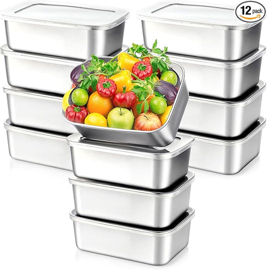 12 Pcs Stainless Steel Food Storage Containers with Lids, 22 Oz Metal Lunch Bento Box Reusable Stackable Meal Prep Container for Kitchen Picnic Travel, Freezer& Dishwasher Safe