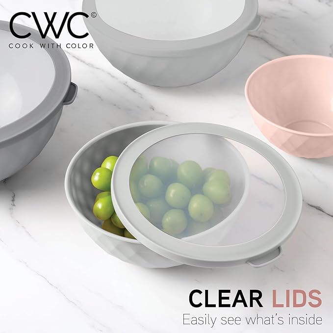 COOK WITH COLOR Mixing Bowls with Lids - 12 Piece Plastic Nesting Bowls Set includes 6 Prep Bowls and 6 Lids, Non Slip Bottom and Diamond Design - Microwave Safe (Mint)