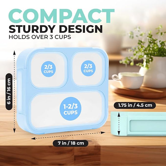 kinsho Medium Bento Box for Kids, Lunch-Box Snack Container for Boys Girls Daycare Pre-School, Leakproof 3 Divider Containers for Lunches Snacks (Pastel Blue +Teal)