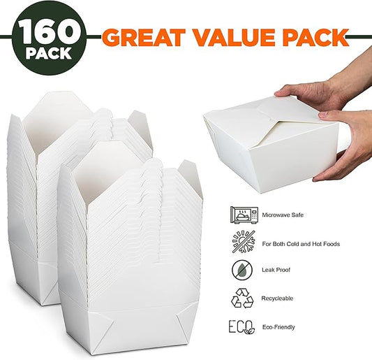 Fit Meal Prep 160 Pack 110 oz Paper Take Out Containers 8.8 x 6.5 x 3.5 - White Lunch Meal Food Boxes #4, Disposable Storage To Go Packaging, Microwave Safe, Leak Grease Resistant for Restaurant