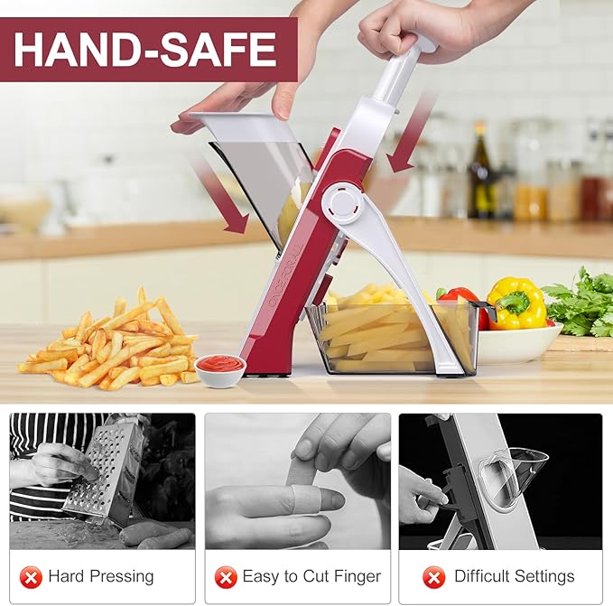 5 in 1 Safe Mandoline Slicer for Kitchen, Safe Vegetable Chopper with Paring Knife, Adjustable Thickness, Easy to Clean, Vegetable Slicer, Slicing, Strips, Shredding, Dicing, Chop (RoseRed)