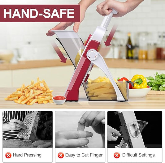 5 in 1 Safe Mandoline Slicer for Kitchen, Safe Vegetable Chopper with Paring Knife, Adjustable Thickness, Easy to Clean, Vegetable Slicer, Slicing, Strips, Shredding, Dicing, Chop (RoseRed)