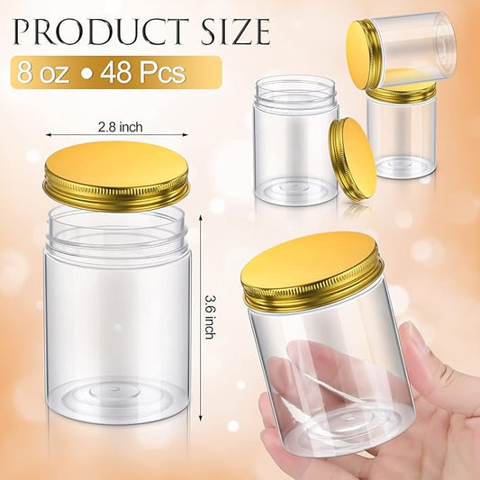 Aoriher 48 Pcs 8oz Plastic Mason Jars with Lids Round Clear Plastic Jars Containers Refillable Small Empty Storage Containers Food Canisters for Kitchen Storage(Gold)