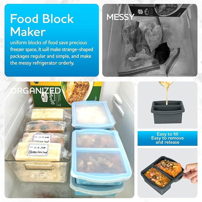 Silicone Freezer Trays with Lids, Set of 4 - with 1cup and 2 cup Silicone Freezer Molds for freezing soups, sauces and individual microwave safe