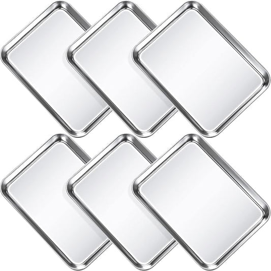 6 Pcs Baking Sheet Pan Set 9 x 6.7 x 1 inches Cookie Sheet Small Toaster Oven Pans Stainless Steel Tray Barbecue Grill Pan Rectangle Trays Oven, Non-stick, Easy Clean